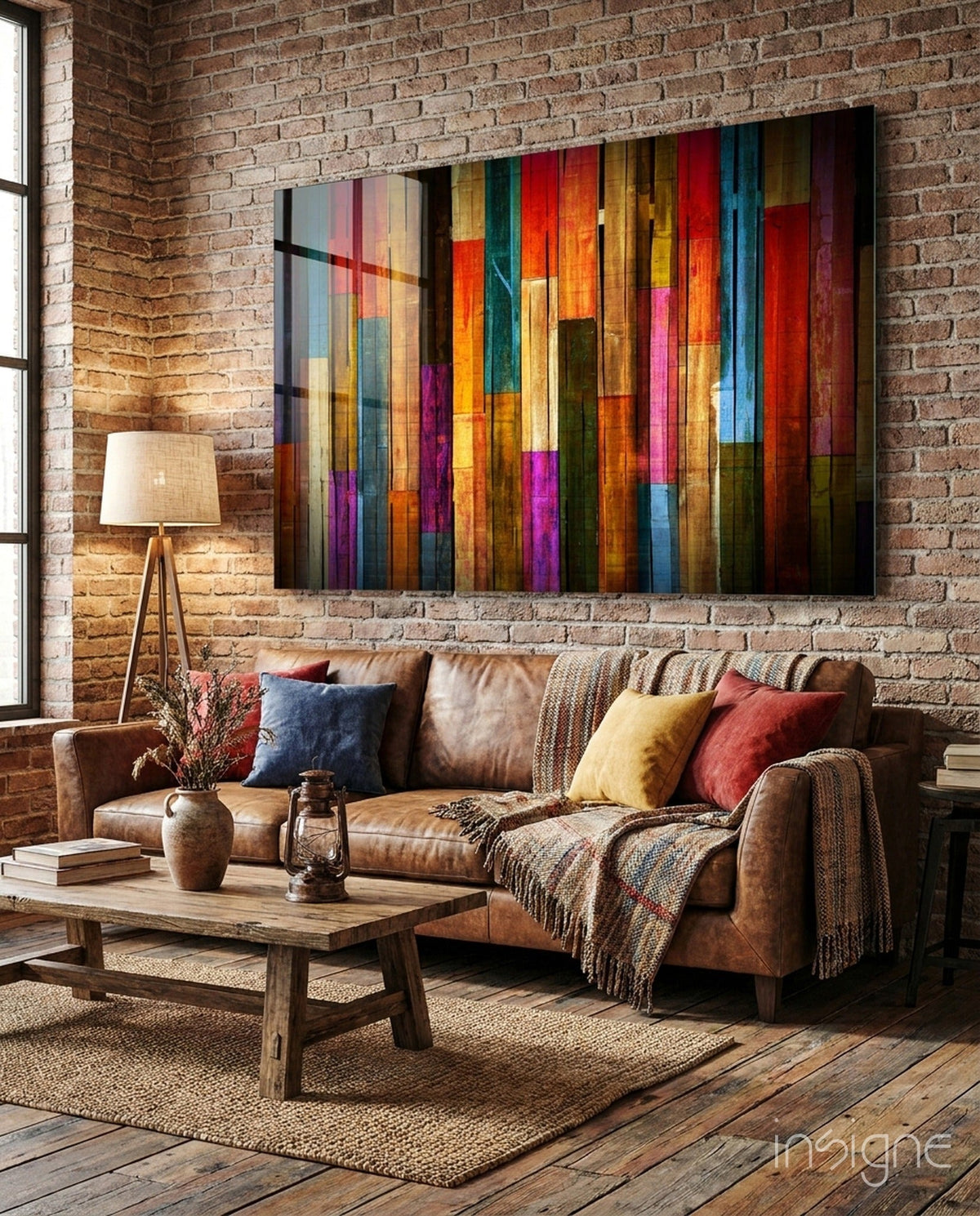 Colorful painted wood plank glass wall art above a sofa