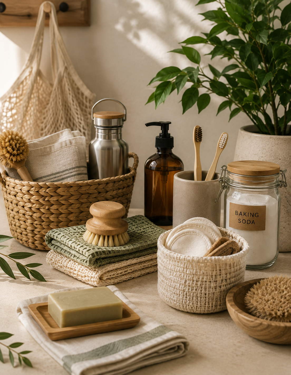 Eco & Reusable — jute bag, bamboo brushes and cloths