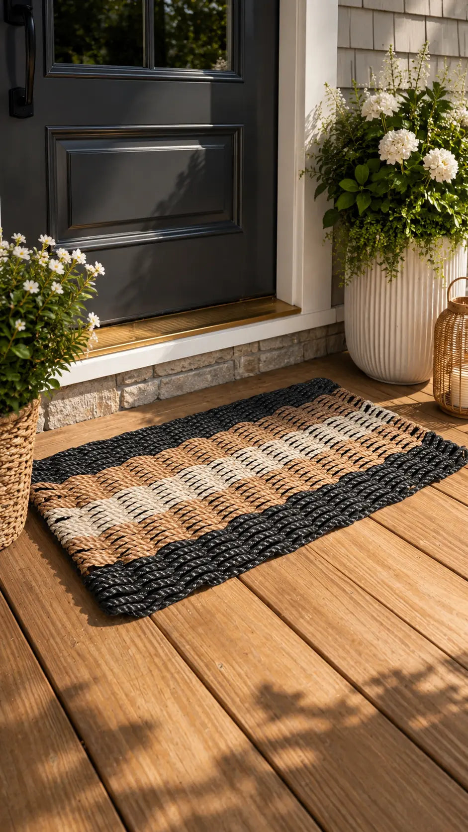 Handwoven Rope Doormat – Black, Brown & Tan Stripe, front view