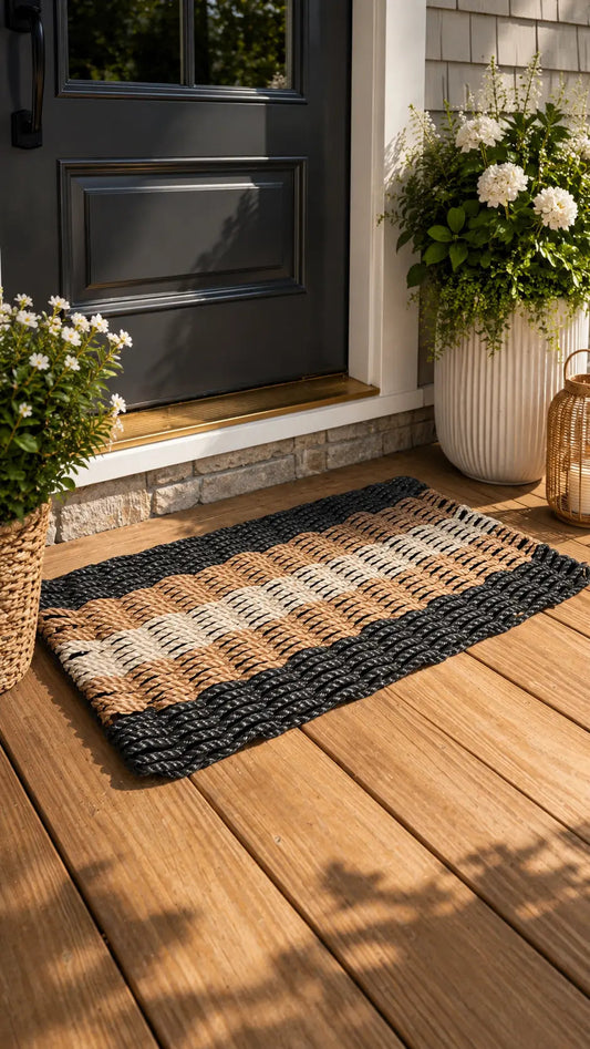 Handwoven Rope Doormat – Black, Brown & Tan Stripe, front view
