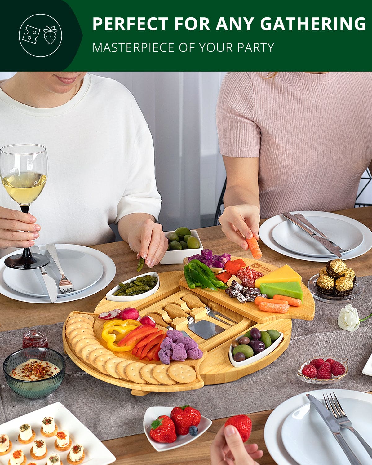 Cheese Board Set, Round — with Serving Utensils, in use