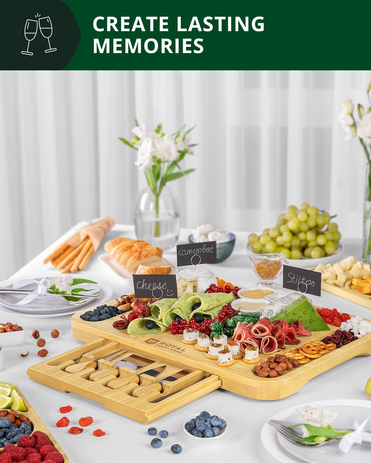 Cheese Board Set with Side Trays, in use