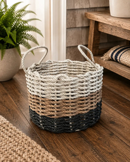Handwoven Rope Basket – Black, Brown & Tan Ombre, front view