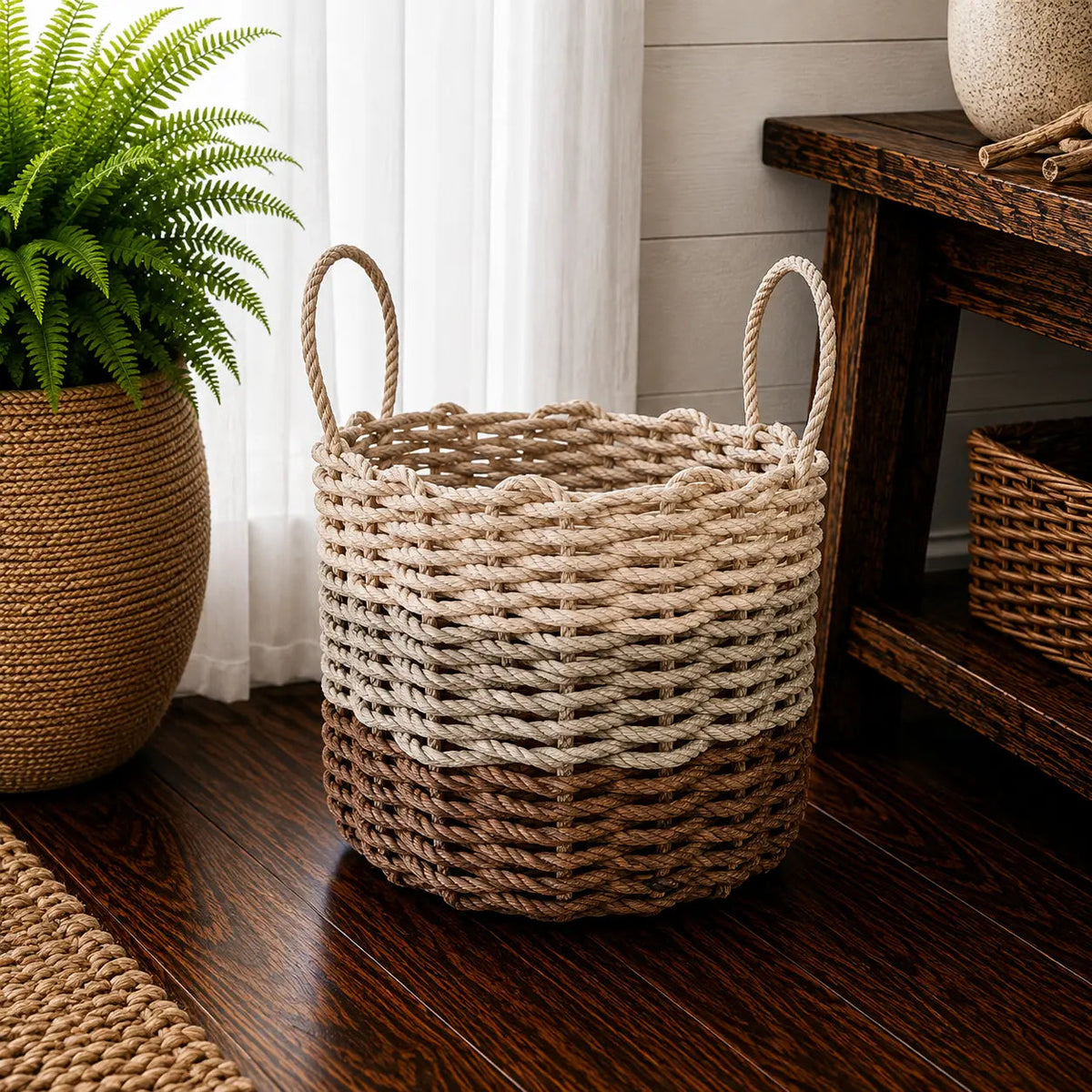 Handwoven Rope Basket – Brown & Tan Ombre, front view