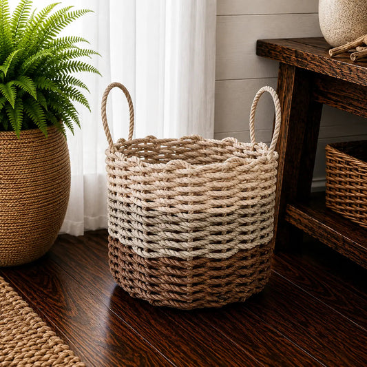 Handwoven Rope Basket – Brown & Tan Ombre, front view