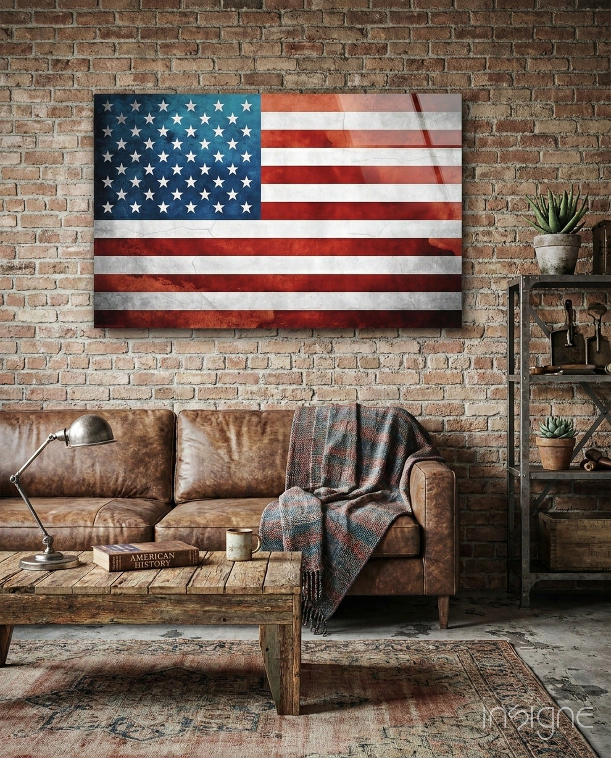 Vintage Watercolor American Flag Glass Wall Art, front view