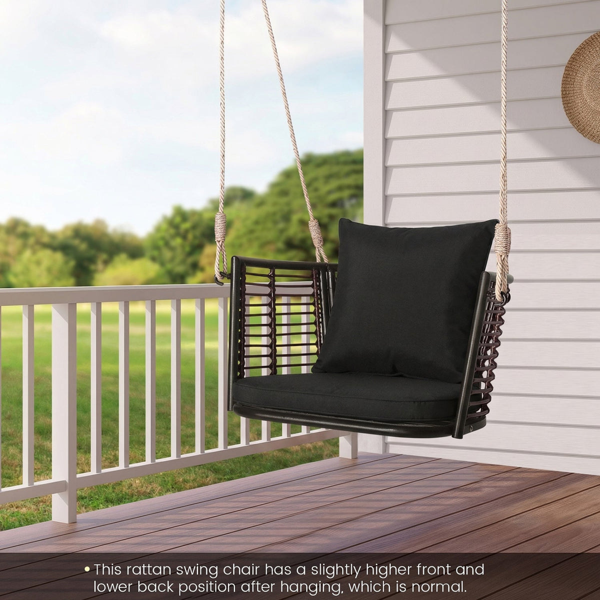 Hanging Rattan Porch Swing Chair with Cushions, alternate angle