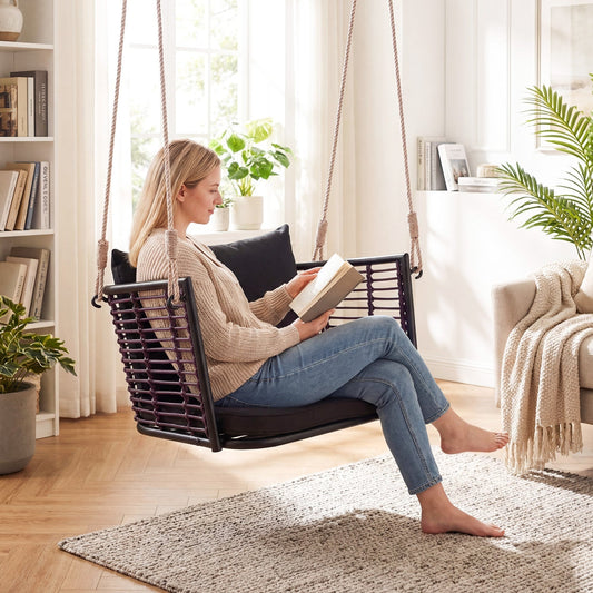 Hanging Rattan Porch Swing Chair with Cushions, front view