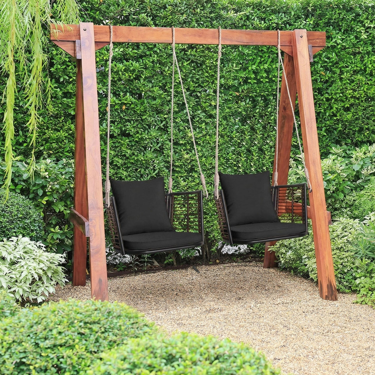 Hanging Rattan Porch Swing Chair with Cushions, lifestyle photo