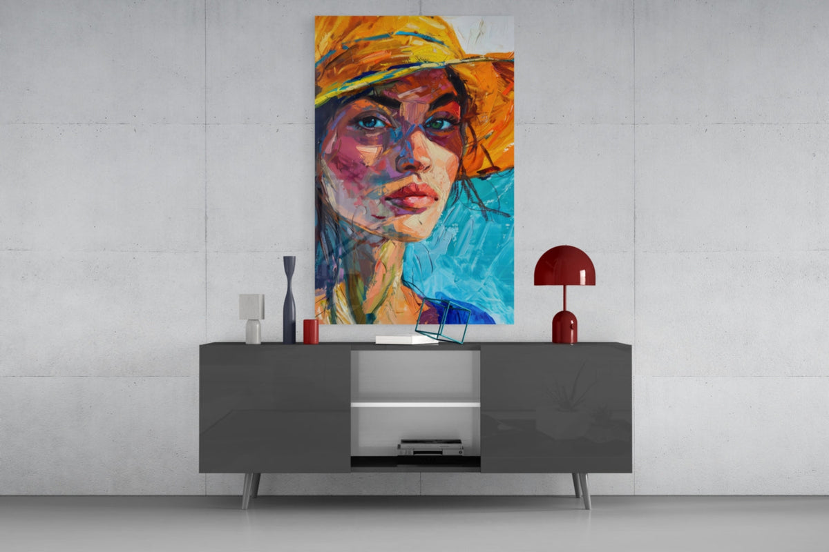 Woman in Orange Hat Glass Wall Art, texture detail