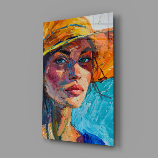Woman in Orange Hat Glass Wall Art, lifestyle photo