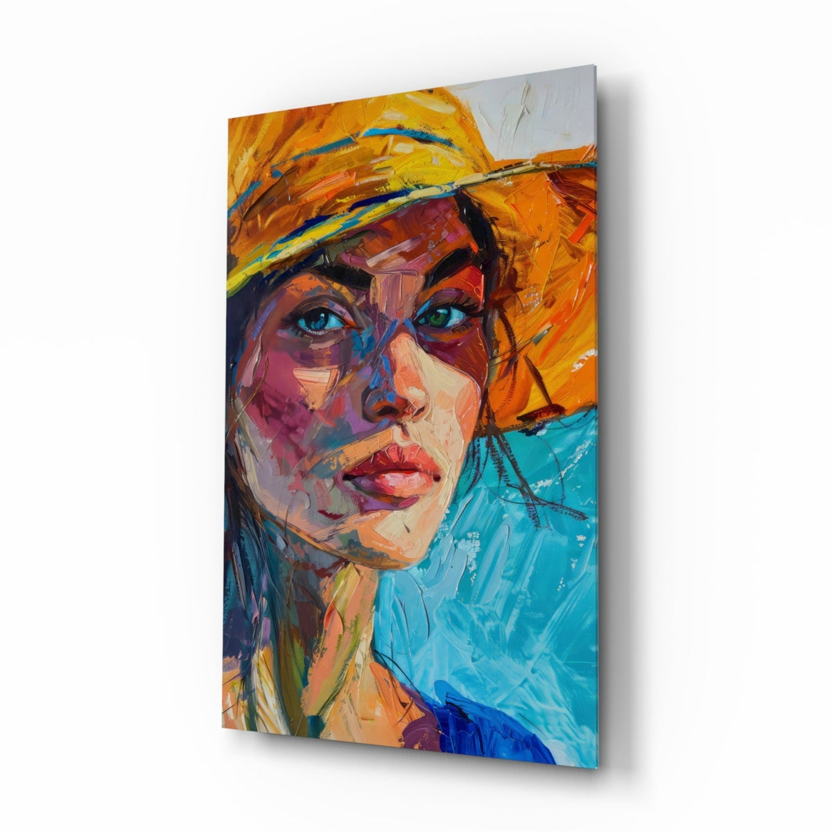 Woman in Orange Hat Glass Wall Art, front view
