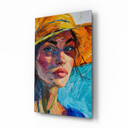 Woman in Orange Hat Glass Wall Art, front view