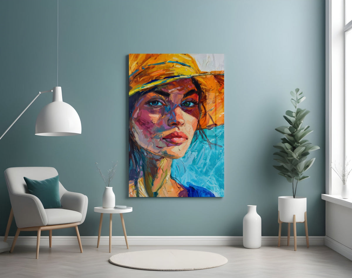 Woman in Orange Hat Glass Wall Art, close-up