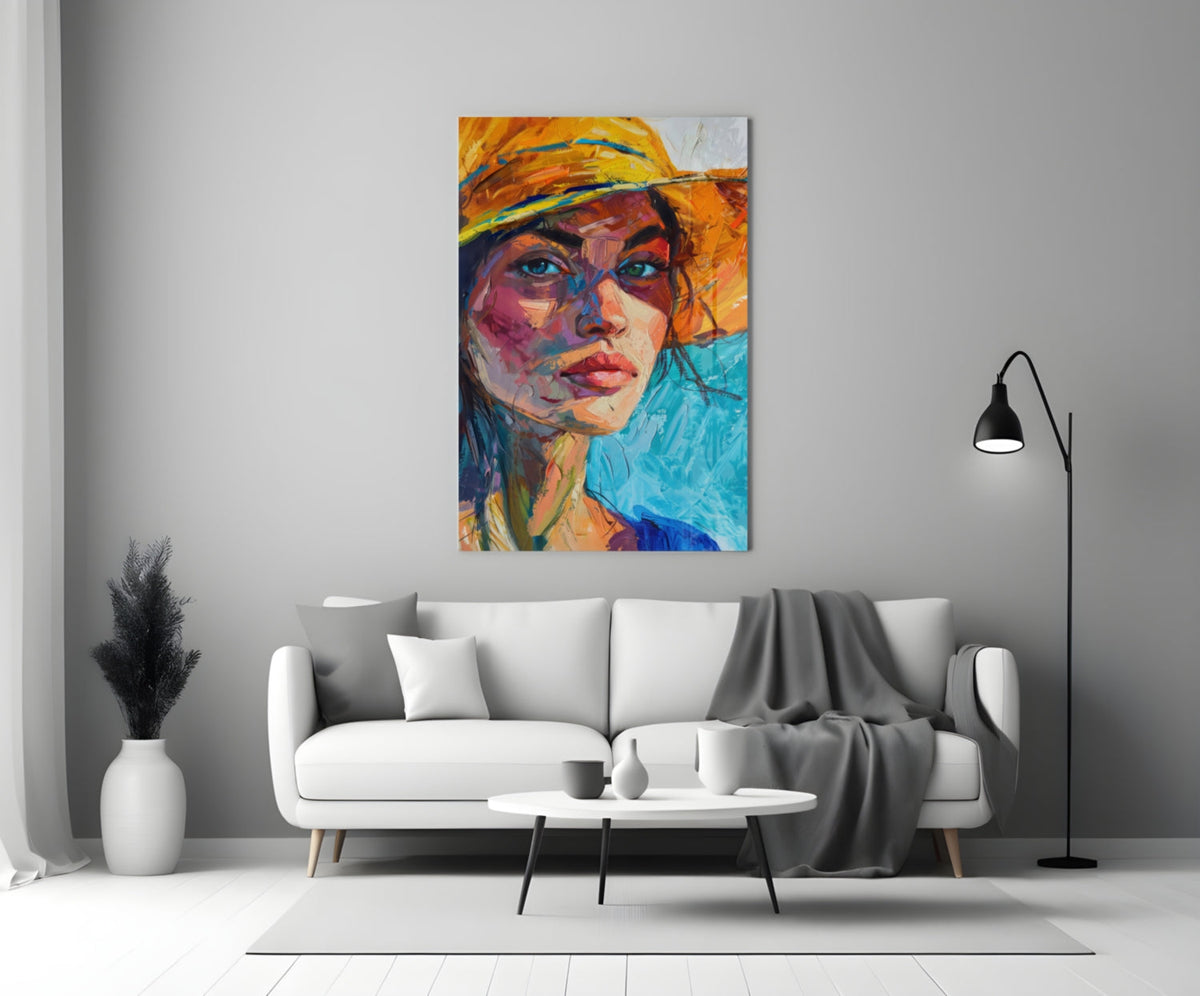 Woman in Orange Hat Glass Wall Art, detail view