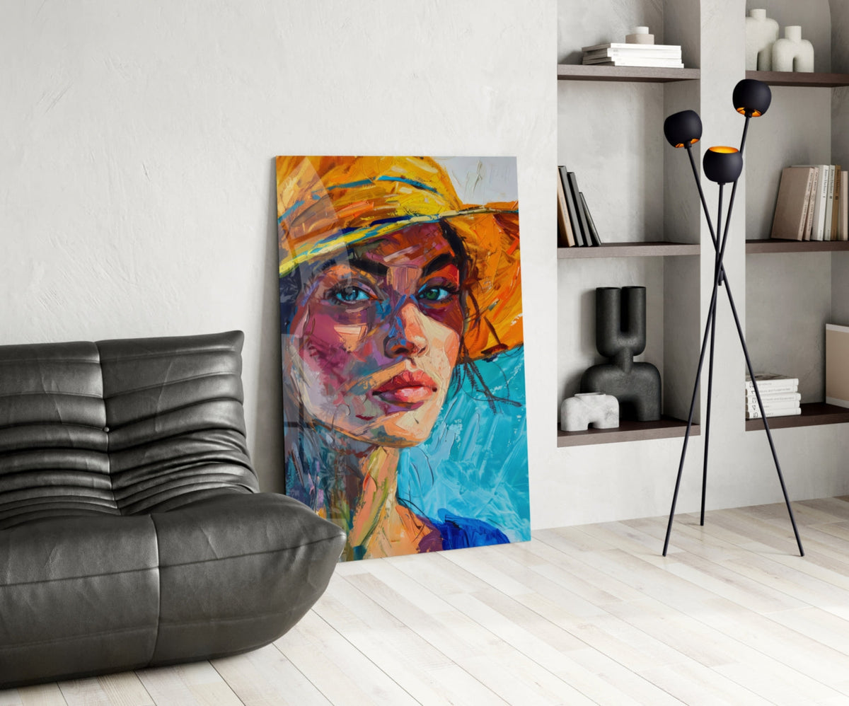 Woman in Orange Hat Glass Wall Art, in use
