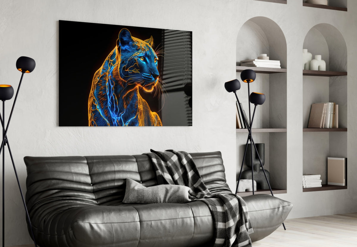 Neon Jaguar Glass Wall Art, close-up