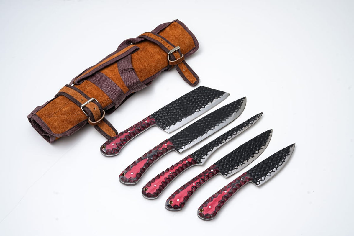 Hand-Forged 5-Piece Knife Set with Leather Roll, front view