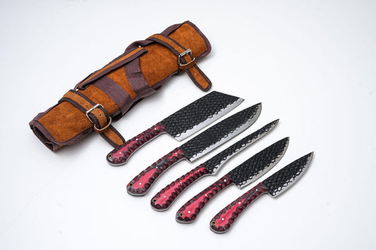 Hand-Forged 5-Piece Knife Set with Leather Roll, front view