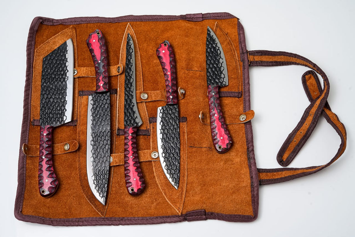 Hand-Forged 5-Piece Knife Set with Leather Roll, lifestyle photo