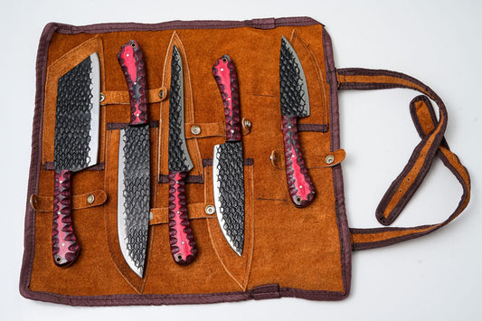 Hand-Forged 5-Piece Knife Set with Leather Roll, lifestyle photo