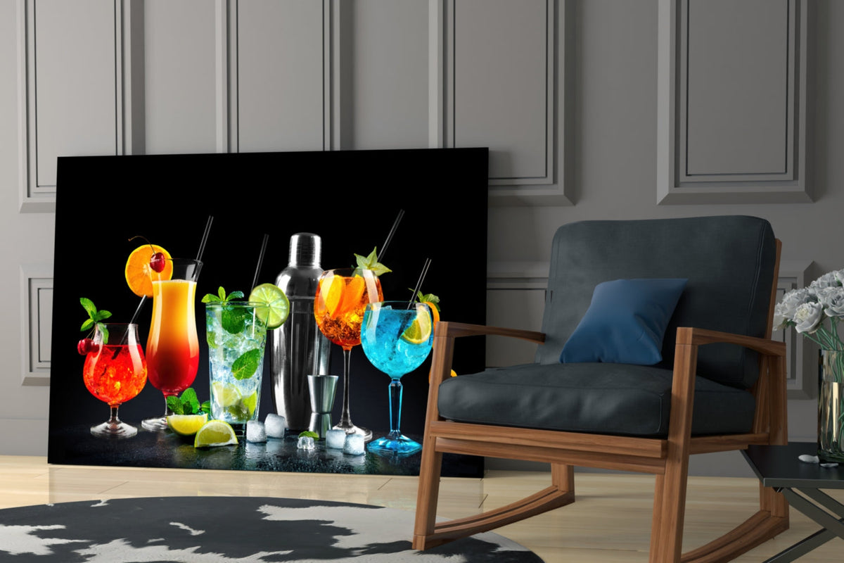 Neon Cocktail Lineup Glass Wall Art, styled setting